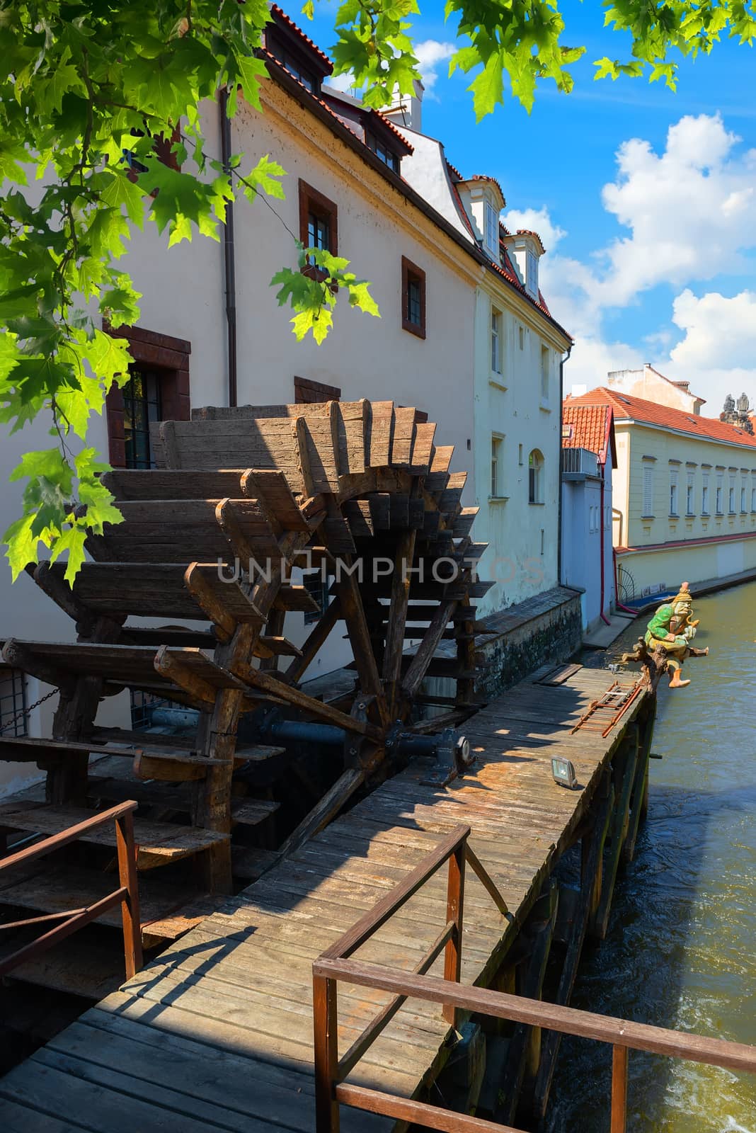 Prague wooden water mill near maple tree
