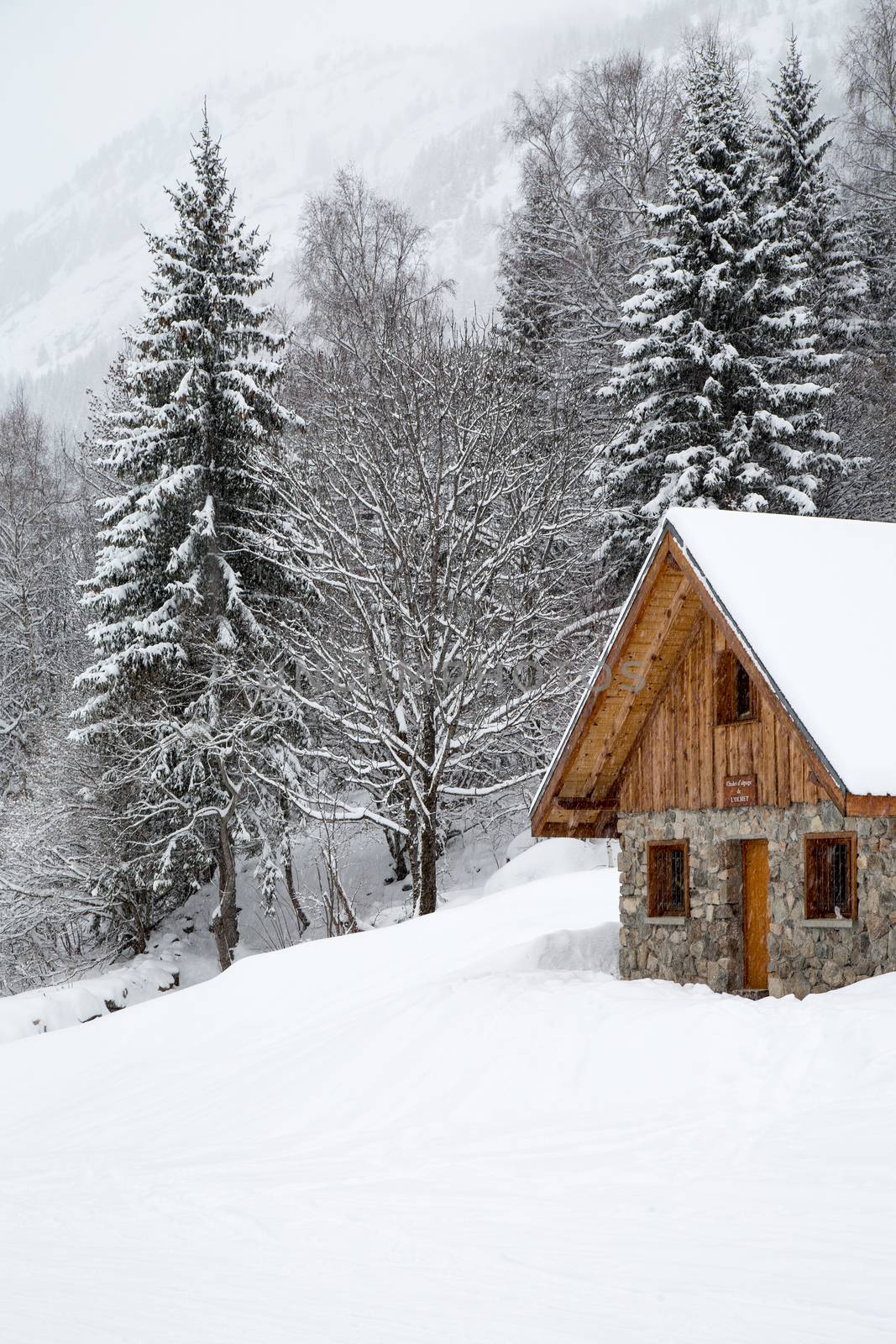 Chalet covered with snow in the French Alps