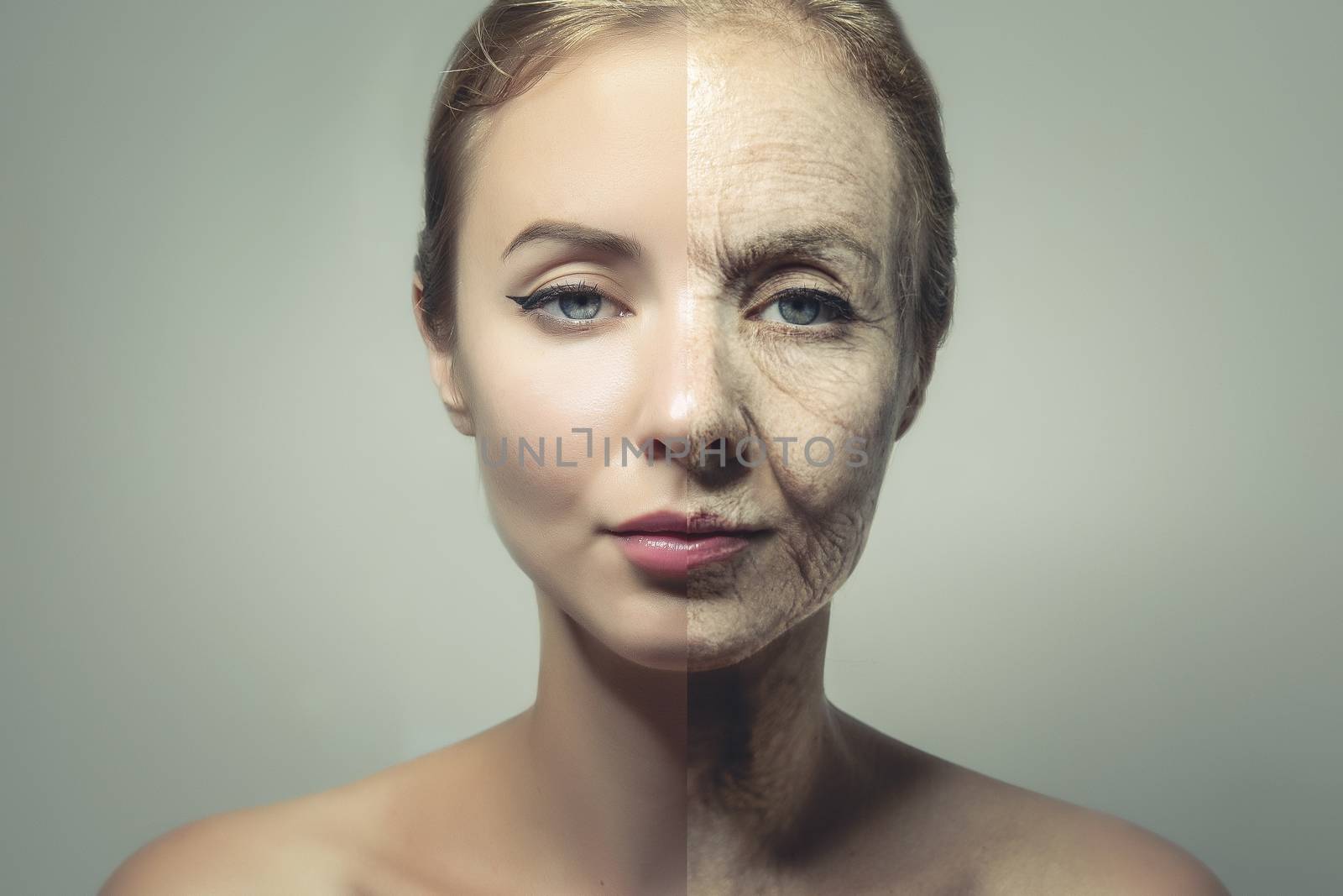 comparative portrait of woman face with old and young skin