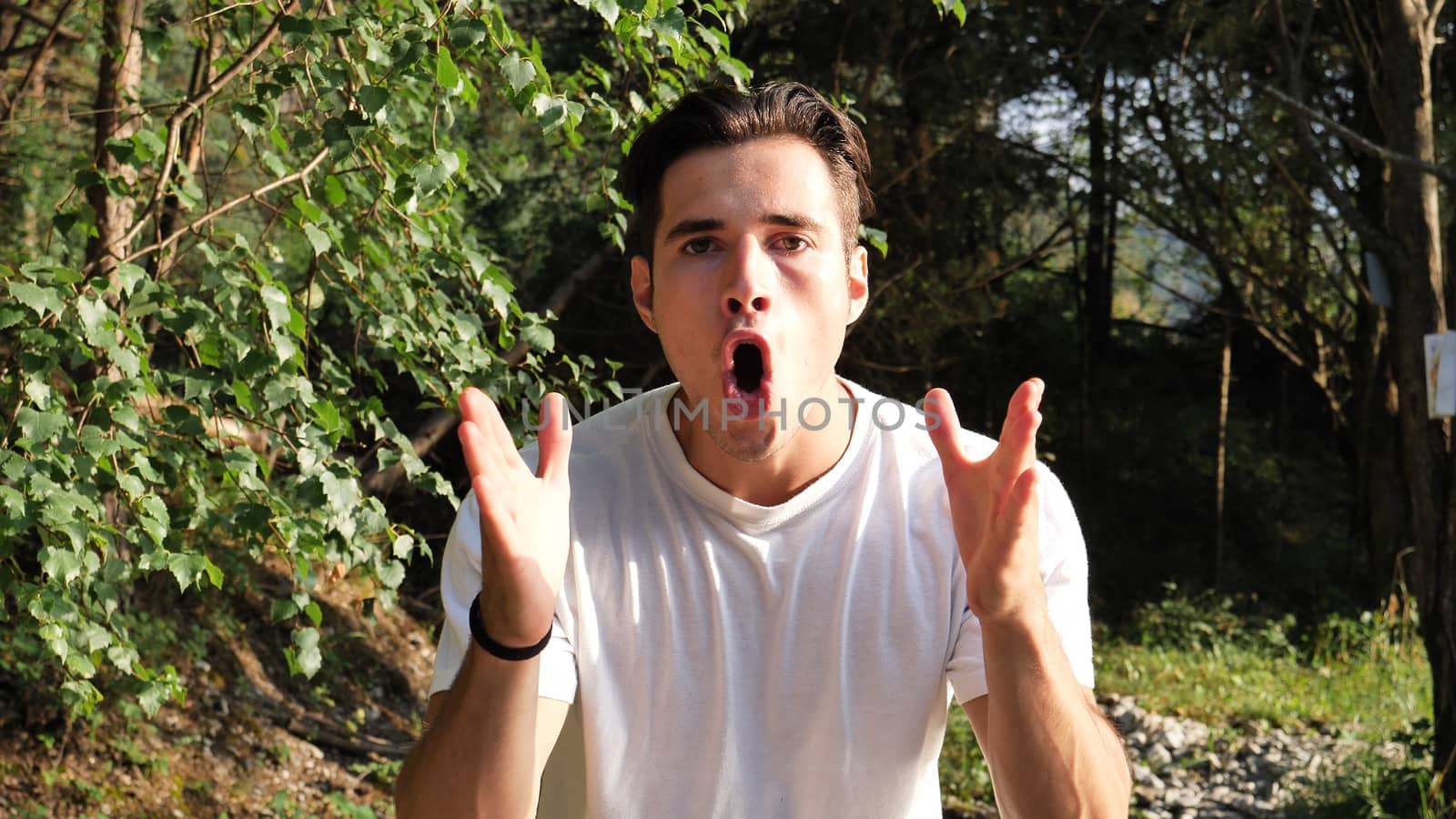 Young handsome man standing in nature, saying NO, upset or frustrated
