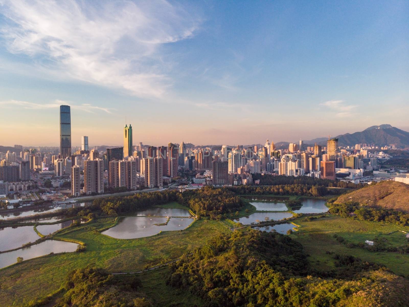 Skyline of Shenzhen City, China at twilight. Viewed from Hong Kong border