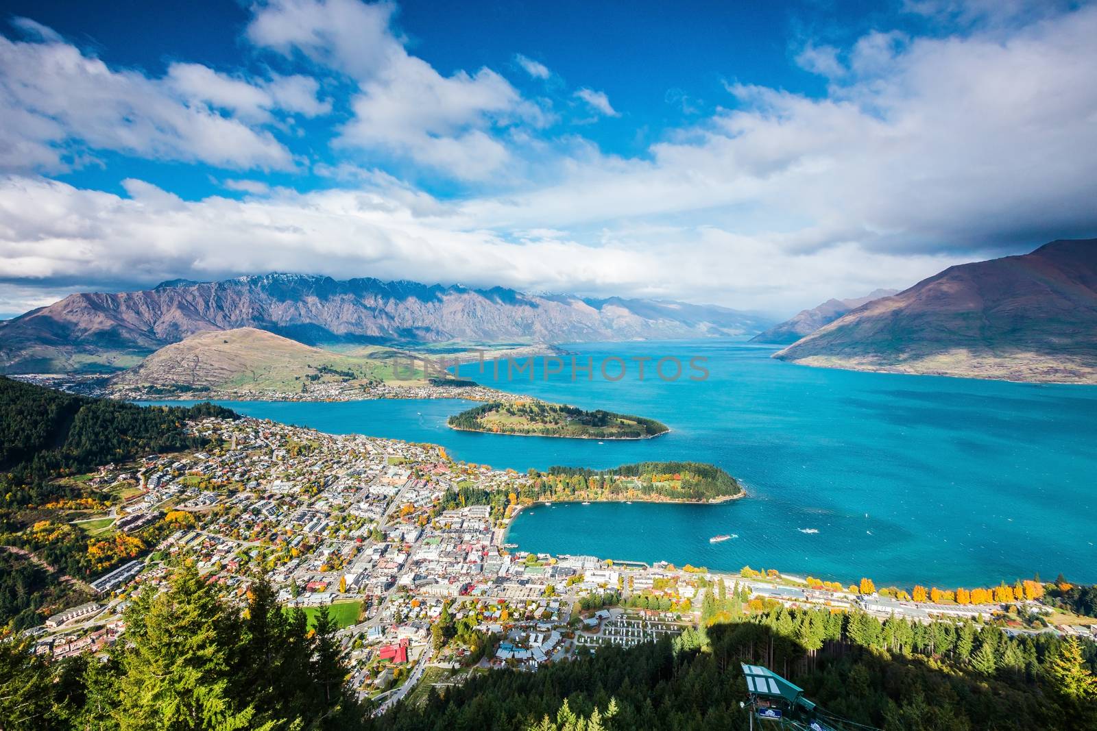 Aerial view of Queenstown in South Island, New Zealand by cozyta
