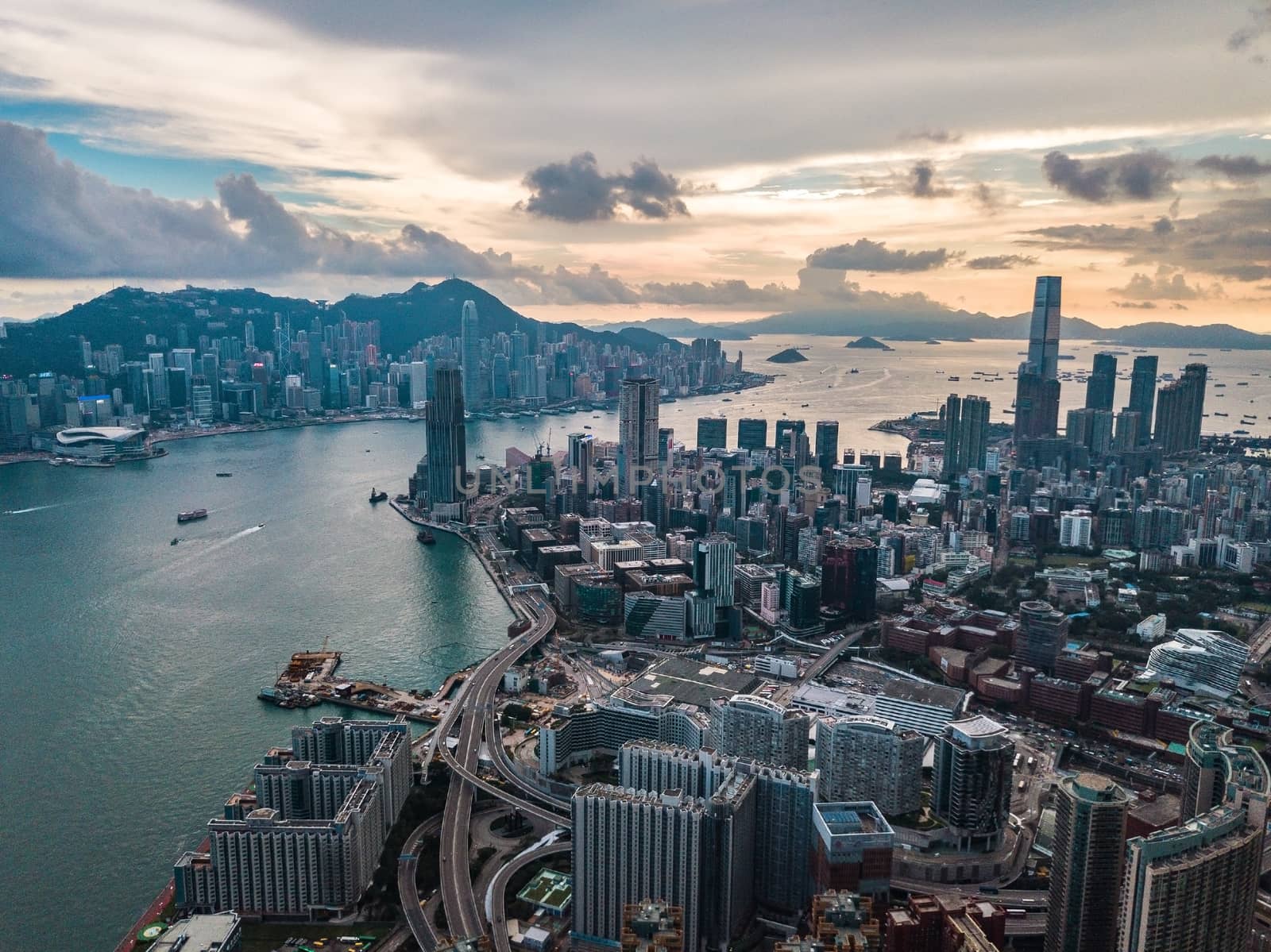 Hong Kong City at aerial view in the sky by cozyta