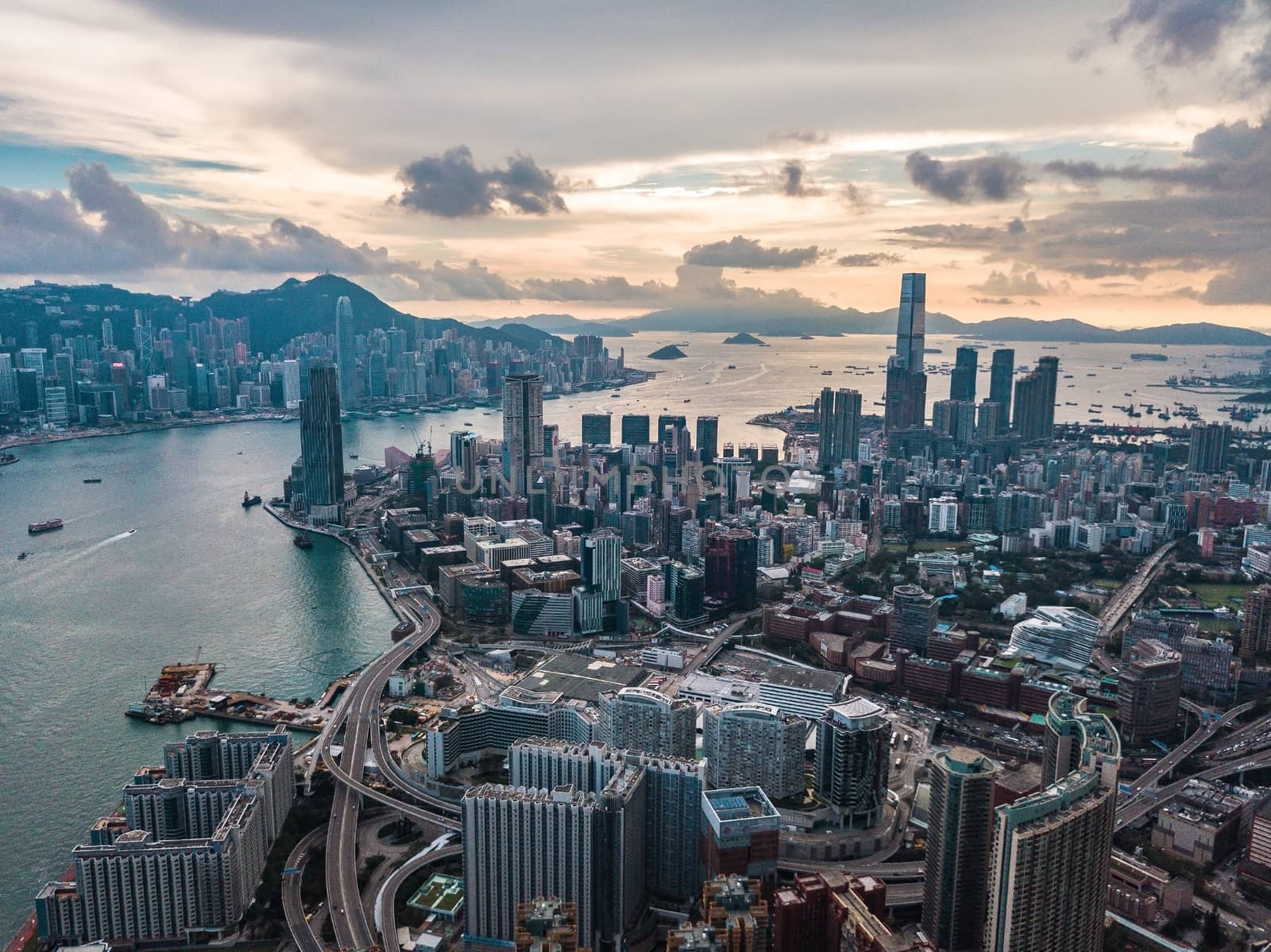 Hong Kong City at aerial view in the sky by cozyta