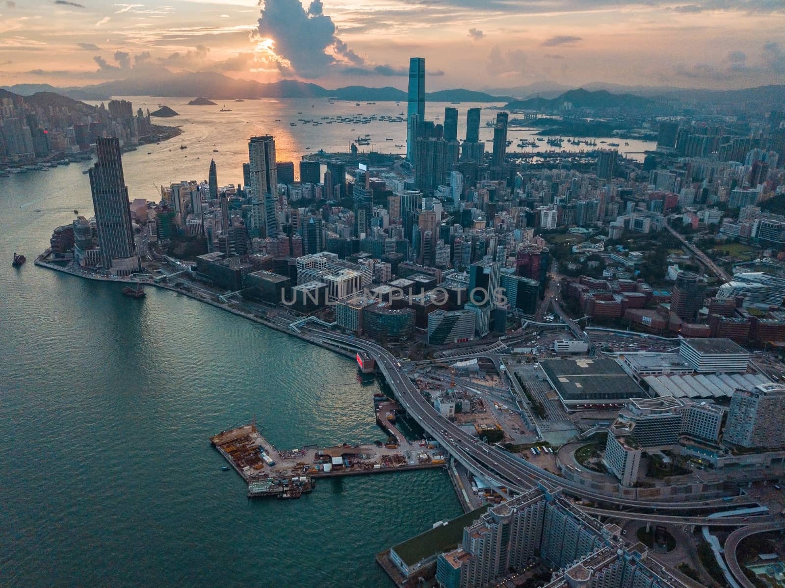 Hong Kong City at aerial view in the sky by cozyta