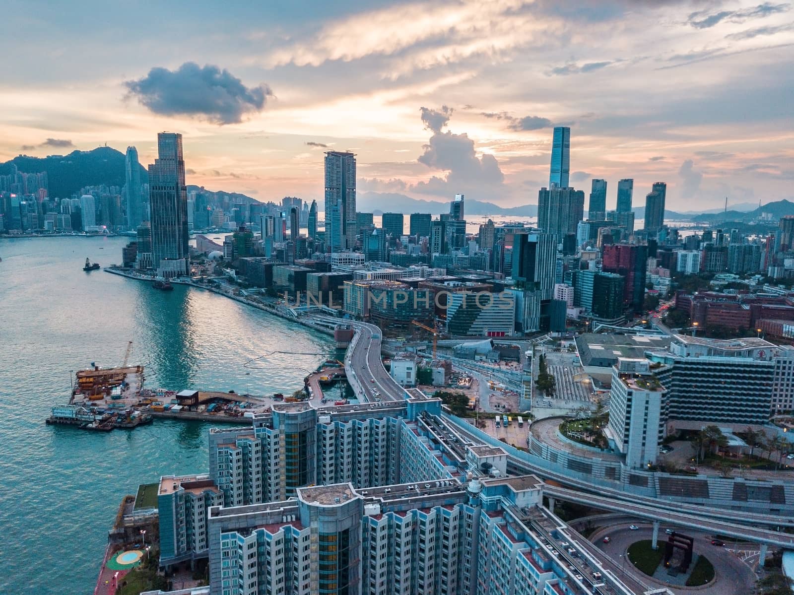 Hong Kong City at aerial view in the sky by cozyta