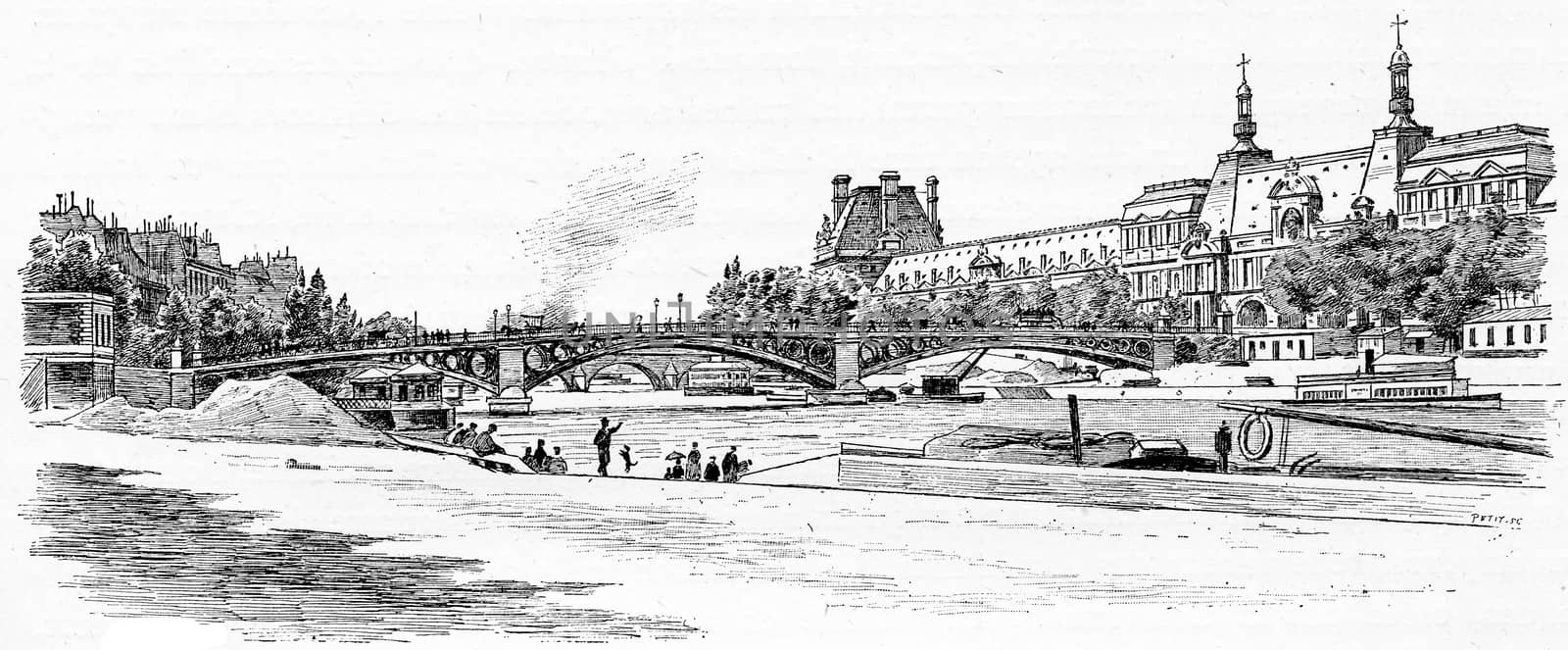 The Pont du Carrousel and the Louvre seen from the dock Malaquais, vintage engraved illustration. Paris - Auguste VITU – 1890.