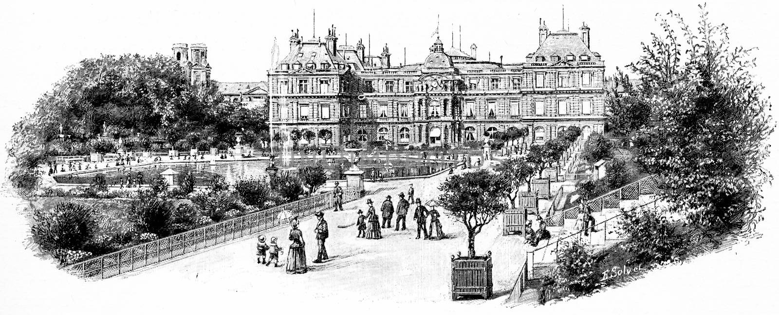 The grand facade of the Palace Garden, vintage engraving. by Morphart