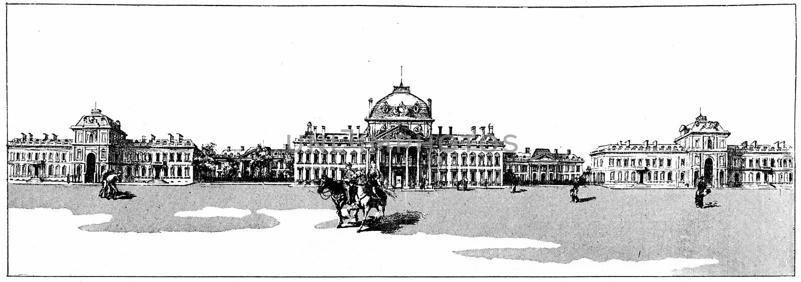 The palace of the Military Academy, vintage engraved illustration. Paris - Auguste VITU – 1890.