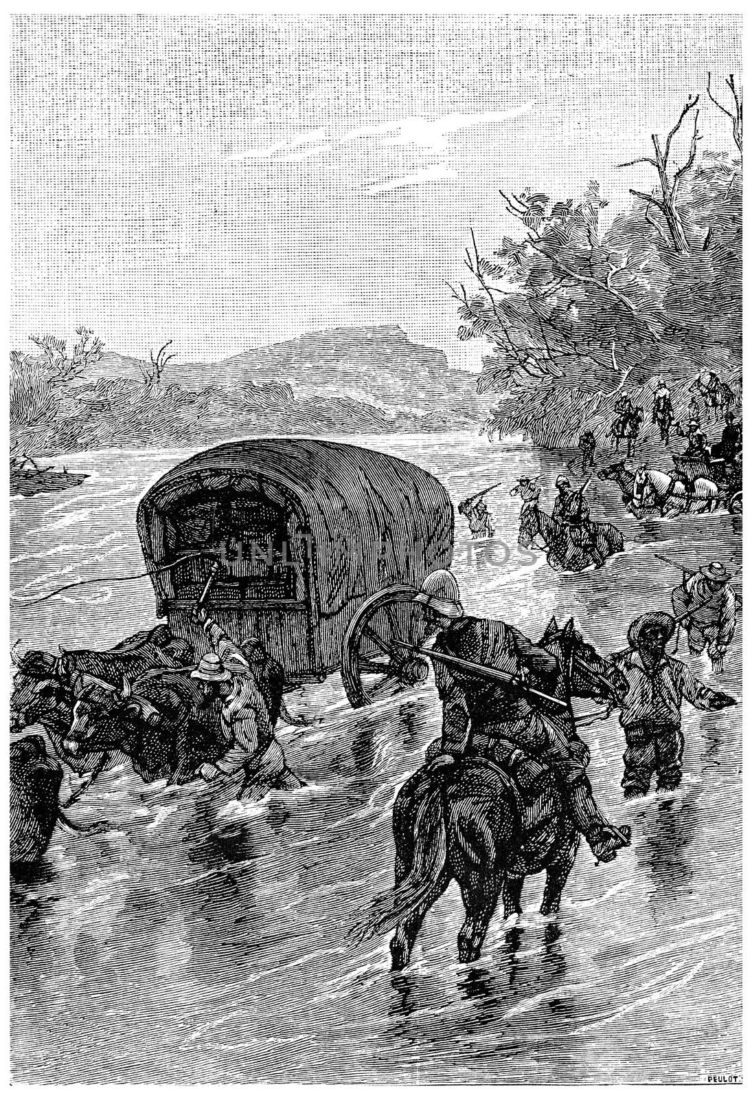 It was necessary to find a ford crossing, vintage engraving. by Morphart