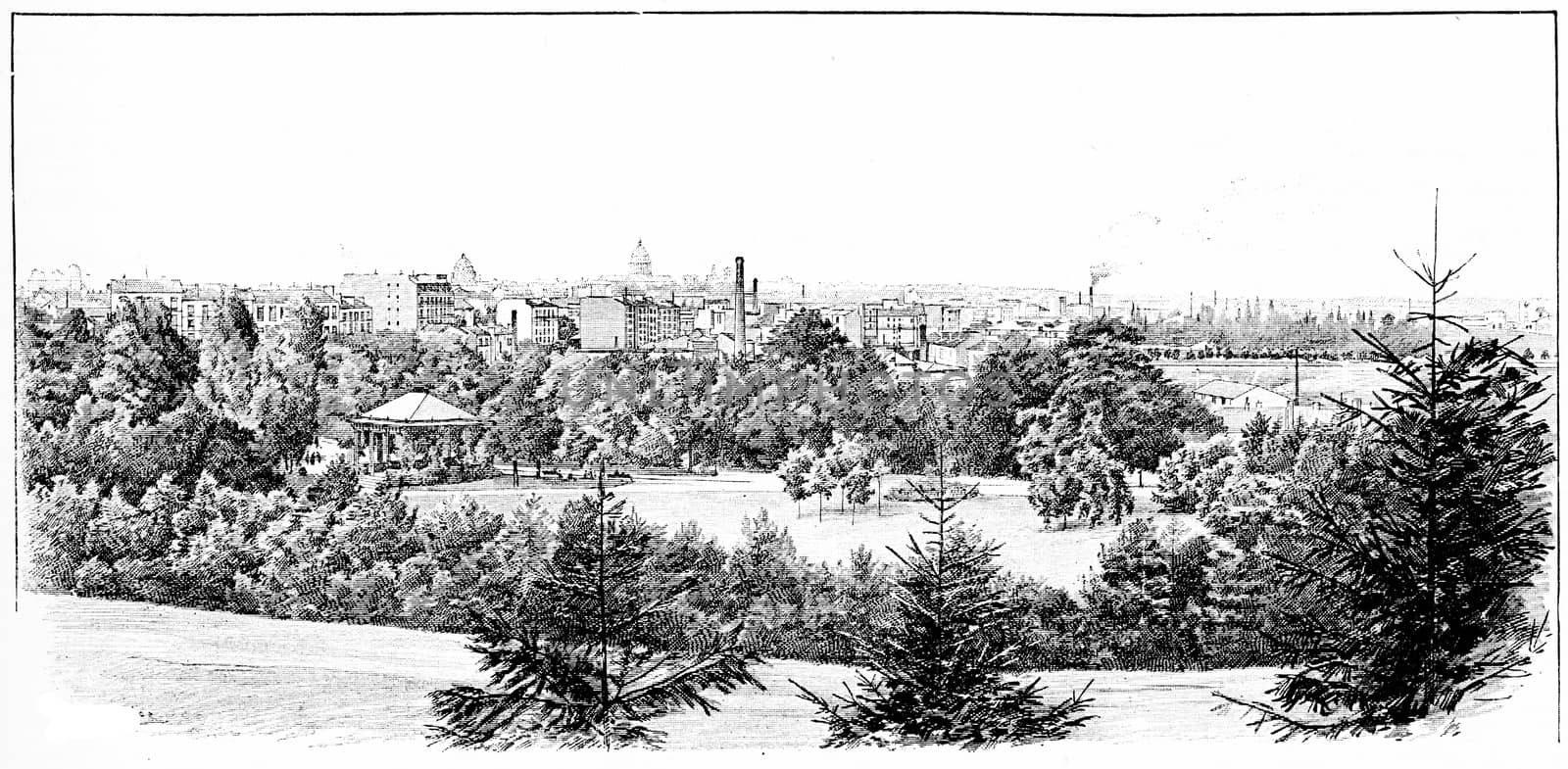 Panorama taken the Parc Montsouris, vintage engraving. by Morphart