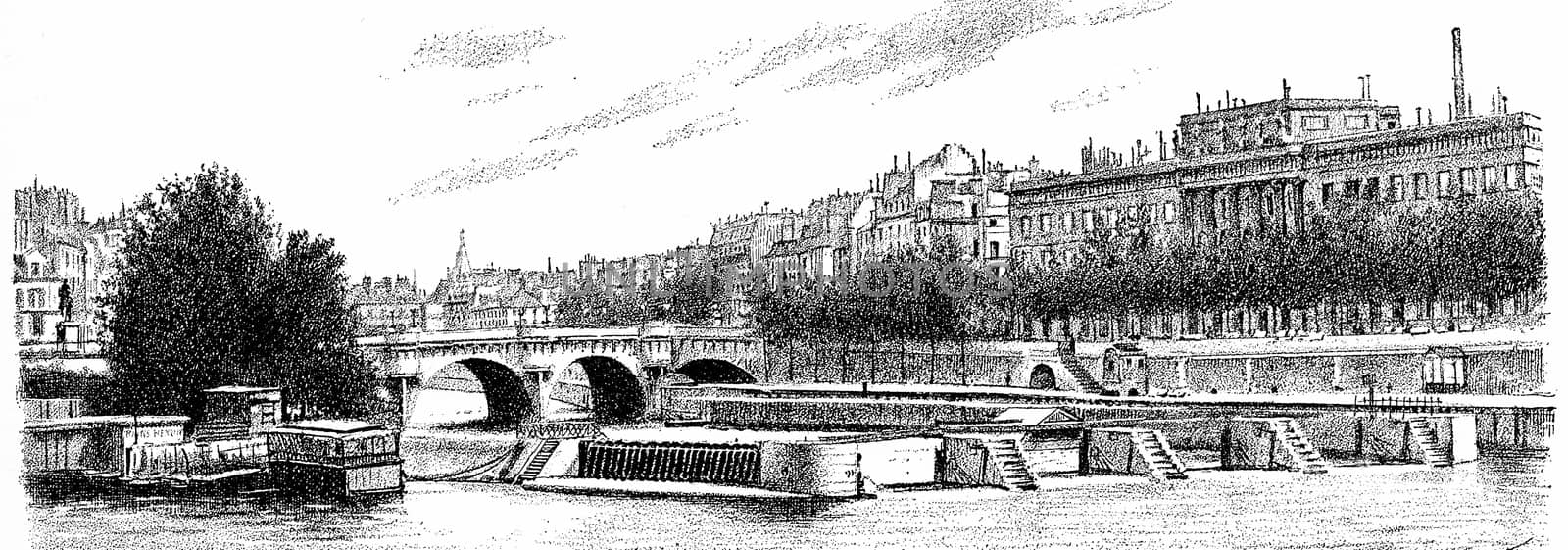 The Pont Neuf, the sluice and currency, vintage engraving. by Morphart