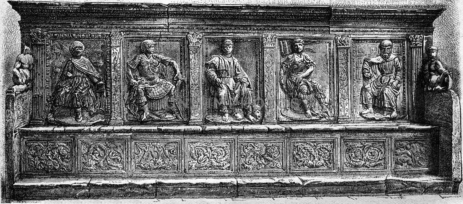 One of the benches of the Lodge of Merchants in Siena, vintage engraved illustration. Magasin Pittoresque 1877.
