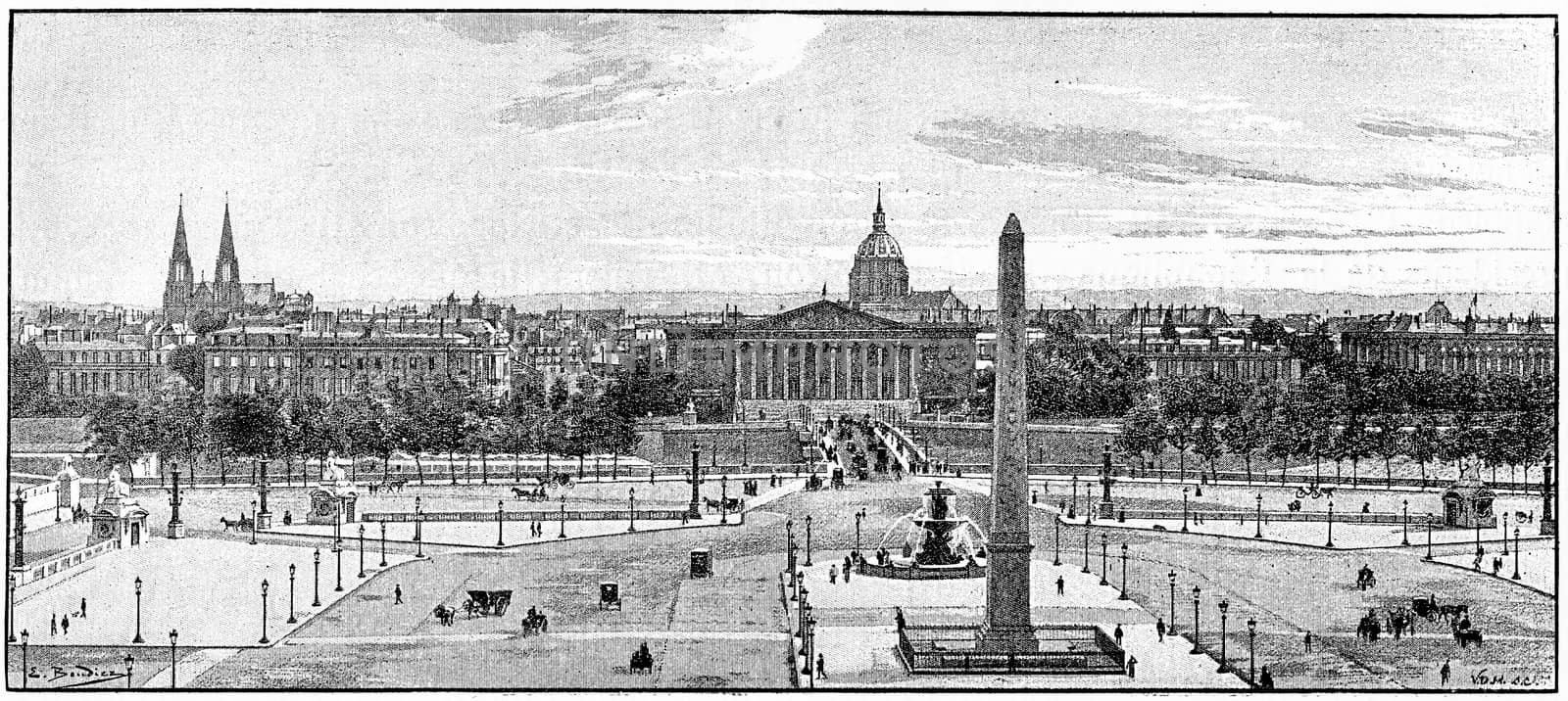 Place de la Concorde, vintage engraving. by Morphart