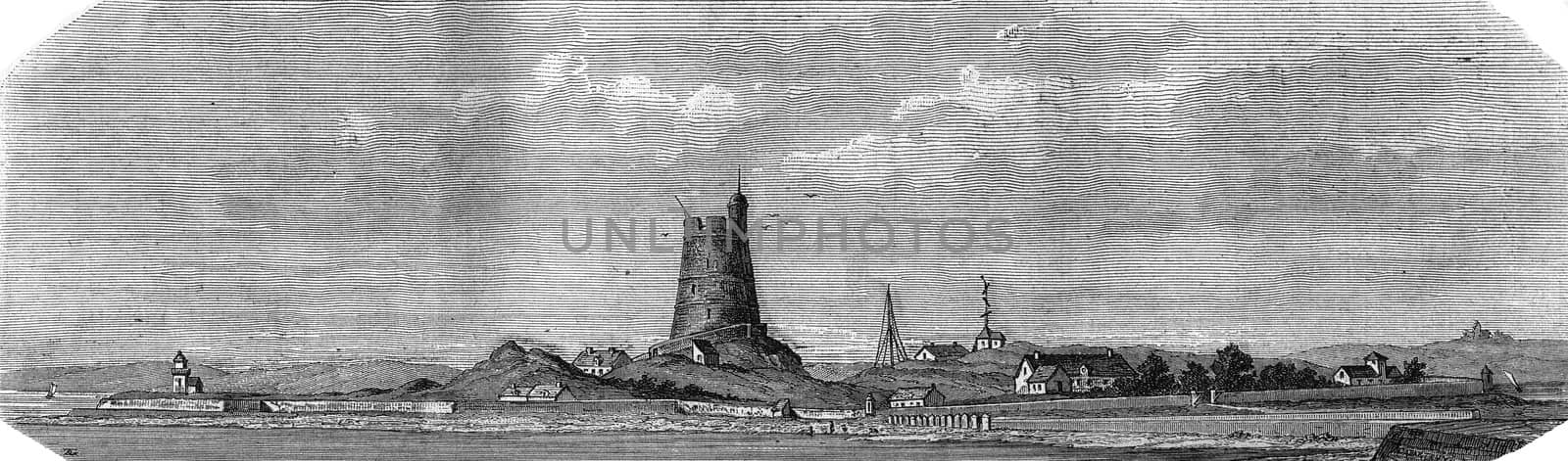 Saint Vaast La Hougue, Manche, Fort la Hougue, vintage engraving by Morphart