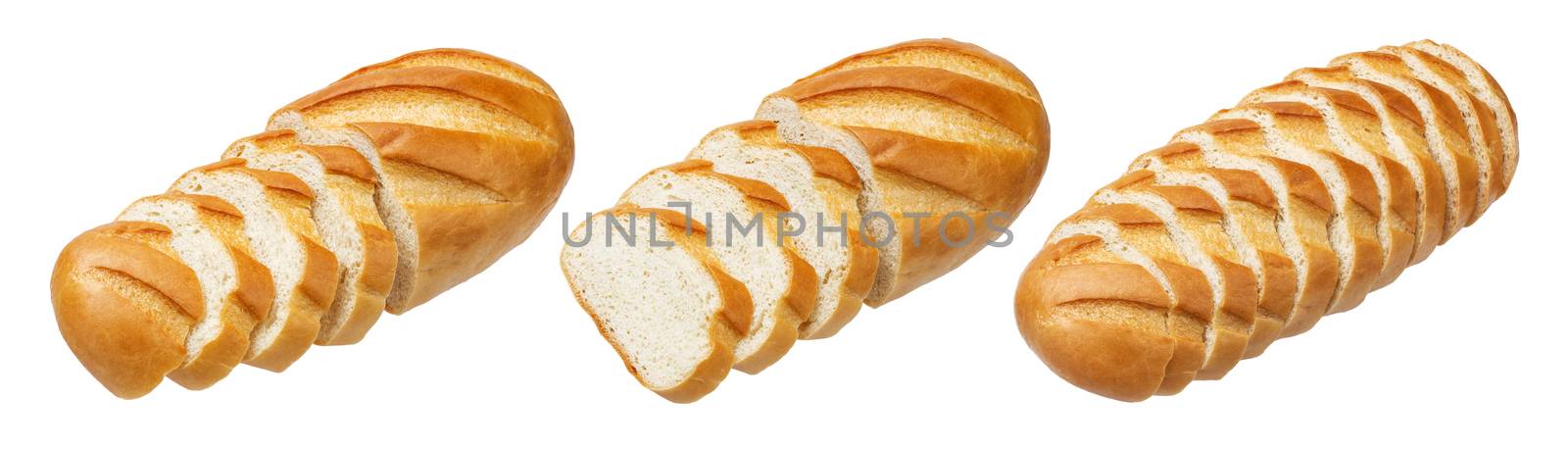 Long loaf. Sliced white bread isolated on white background by xamtiw