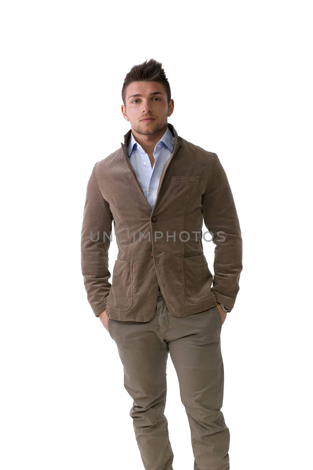 Handsome young man portrait, standing isolated on white, looking straight at camera