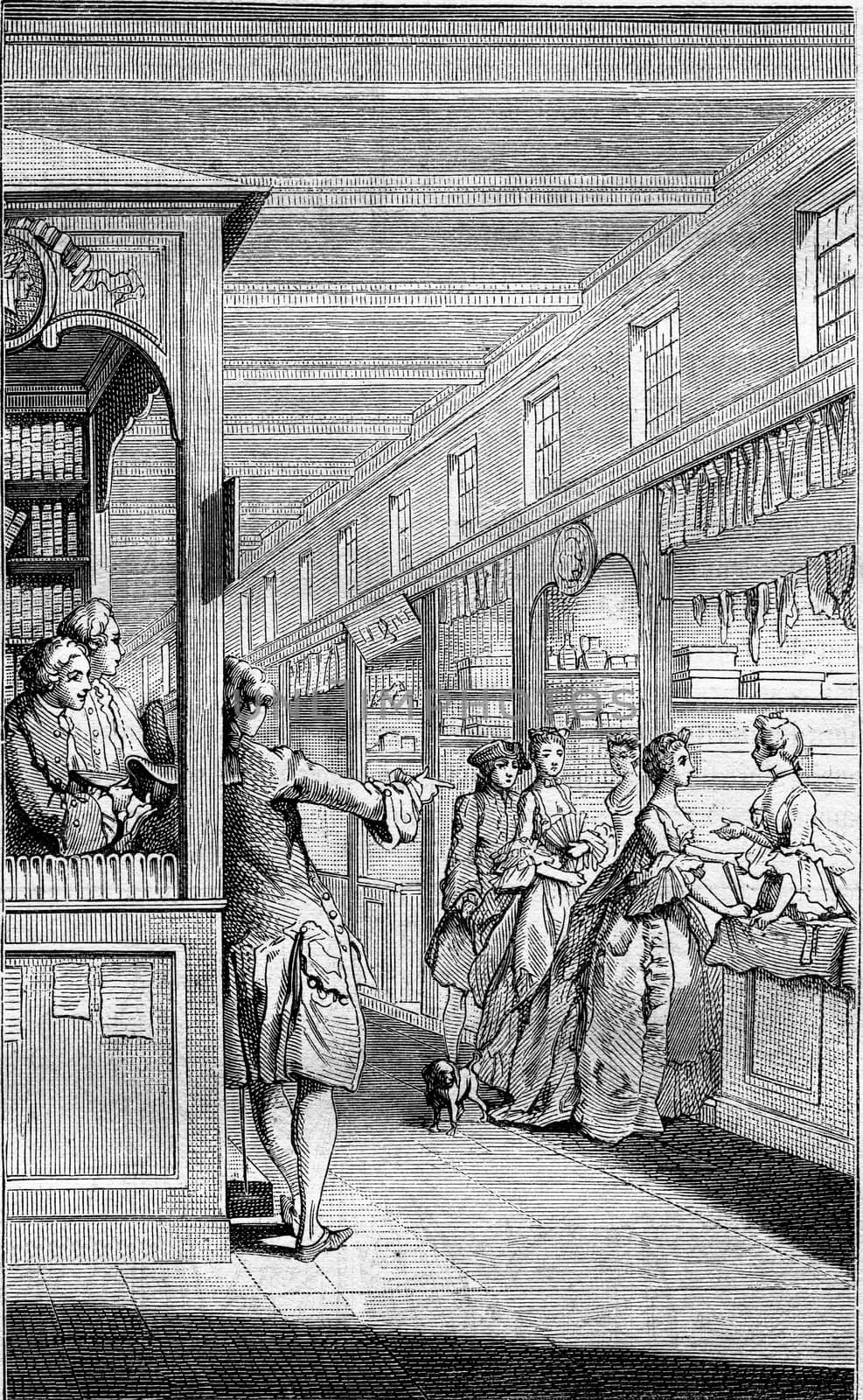A Bookseller eighteenth century, vintage engraved illustration. Magasin Pittoresque 1882.
