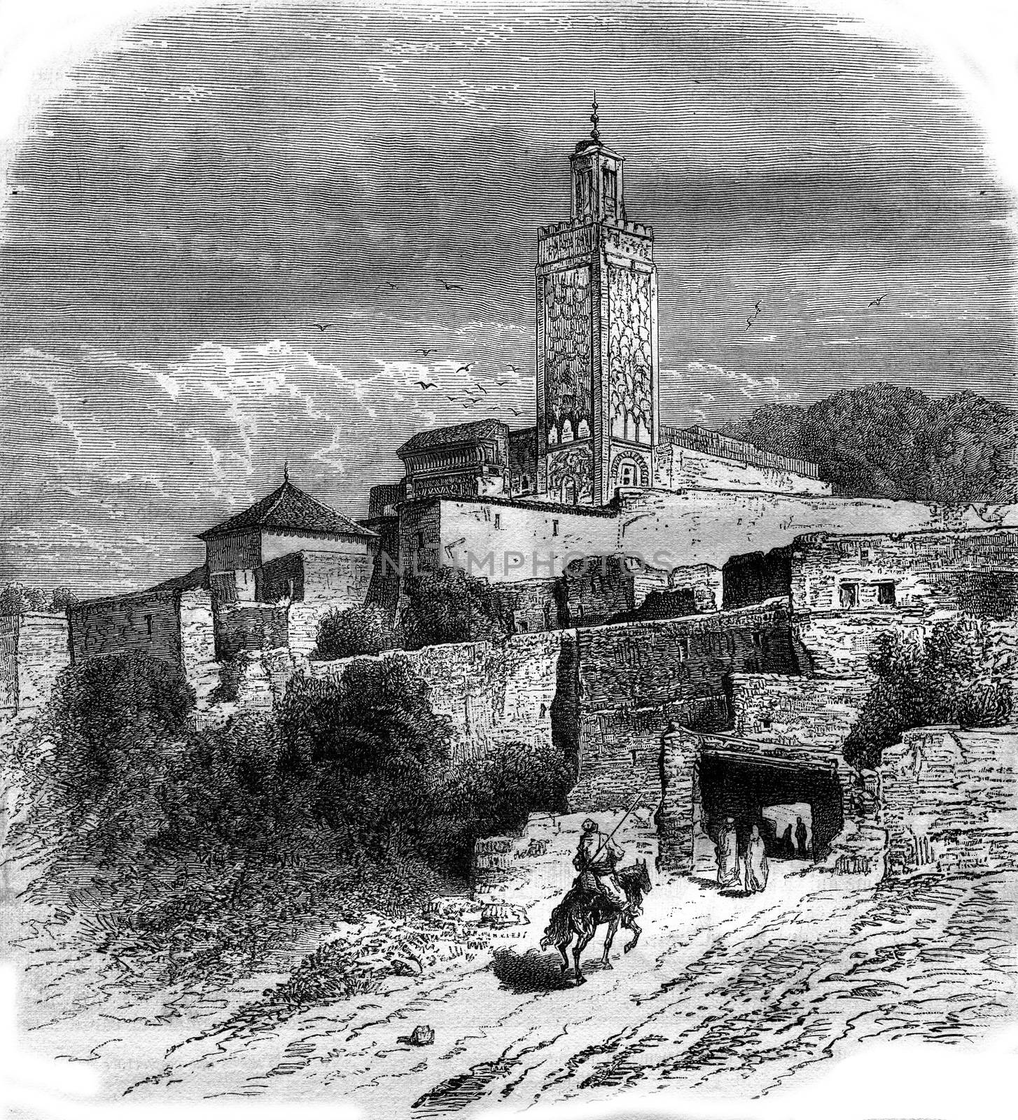 The Village of Sidi Bou Medina, Algeria, vintage engraving. by Morphart