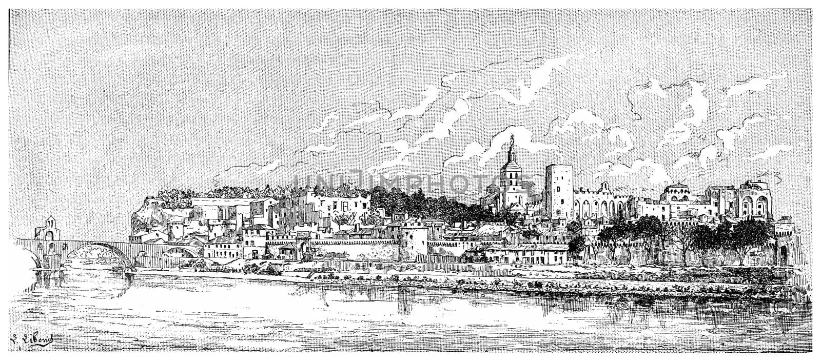 Avignon, vintage engraving. by Morphart