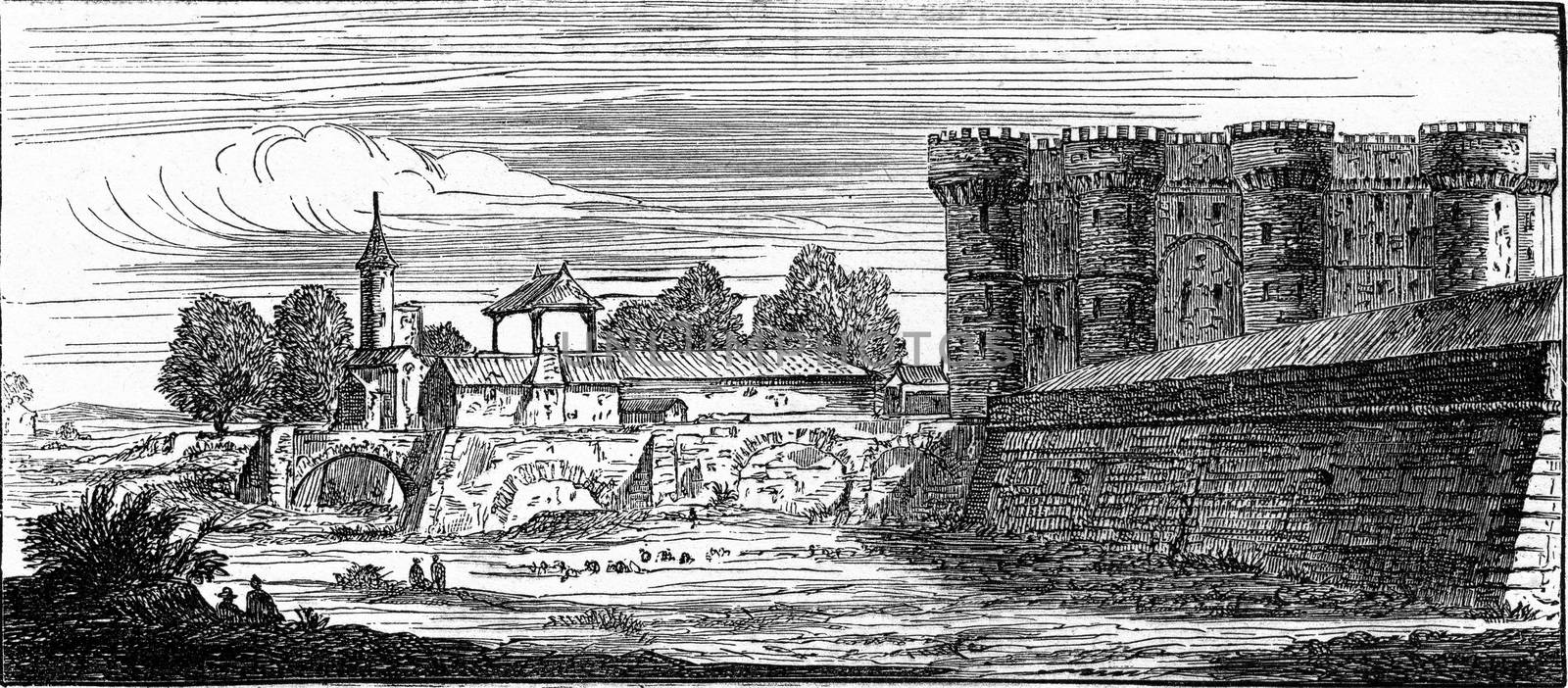 The Bastille, after an old engraving of the topography of Paris, vintage engraved illustration. Industrial encyclopedia E.-O. Lami - 1875.
