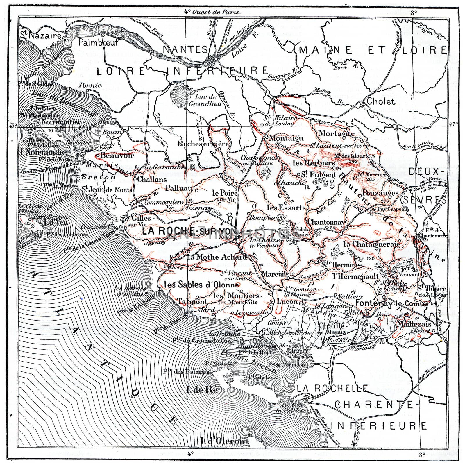 Map of department of the Vendee, vintage engraved illustration. Dictionary of words and things - Larive and Fleury - 1895.