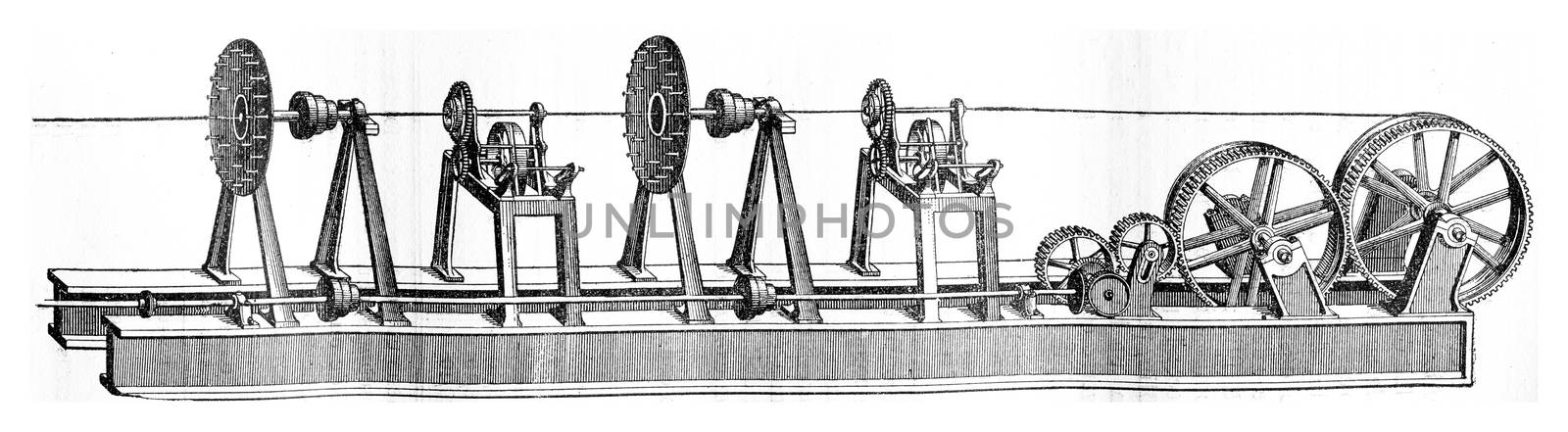 Machine put the rope and coated, vintage engraved illustration. Industrial encyclopedia E.-O. Lami - 1875.
