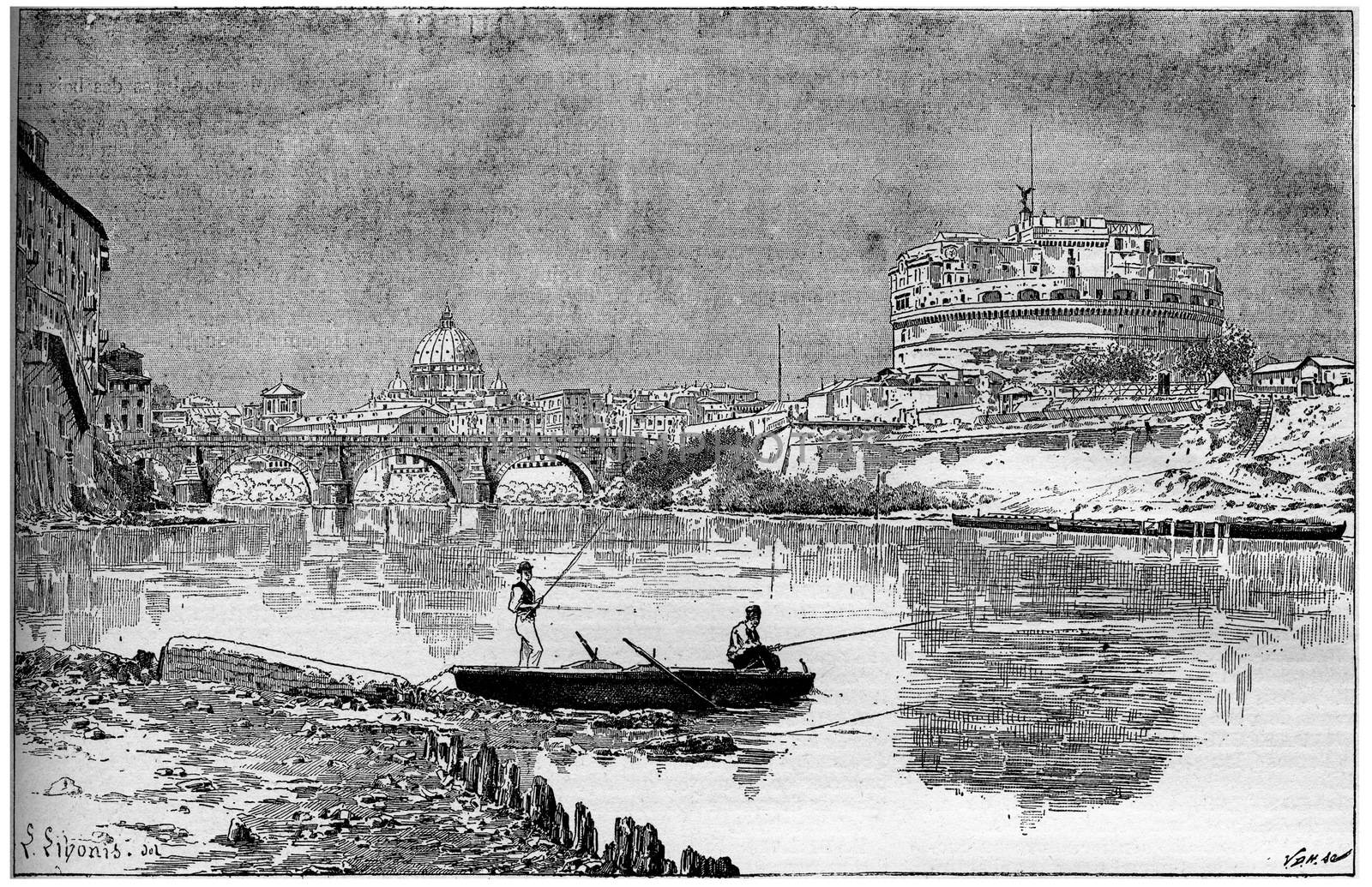 Old engraved illustration of a beautiful view of the ancient Adrian Mole, today known as St. Angel Castle in Rome from the river Tiber. Dictionary of words and things - Larive and Fleury ? 1895