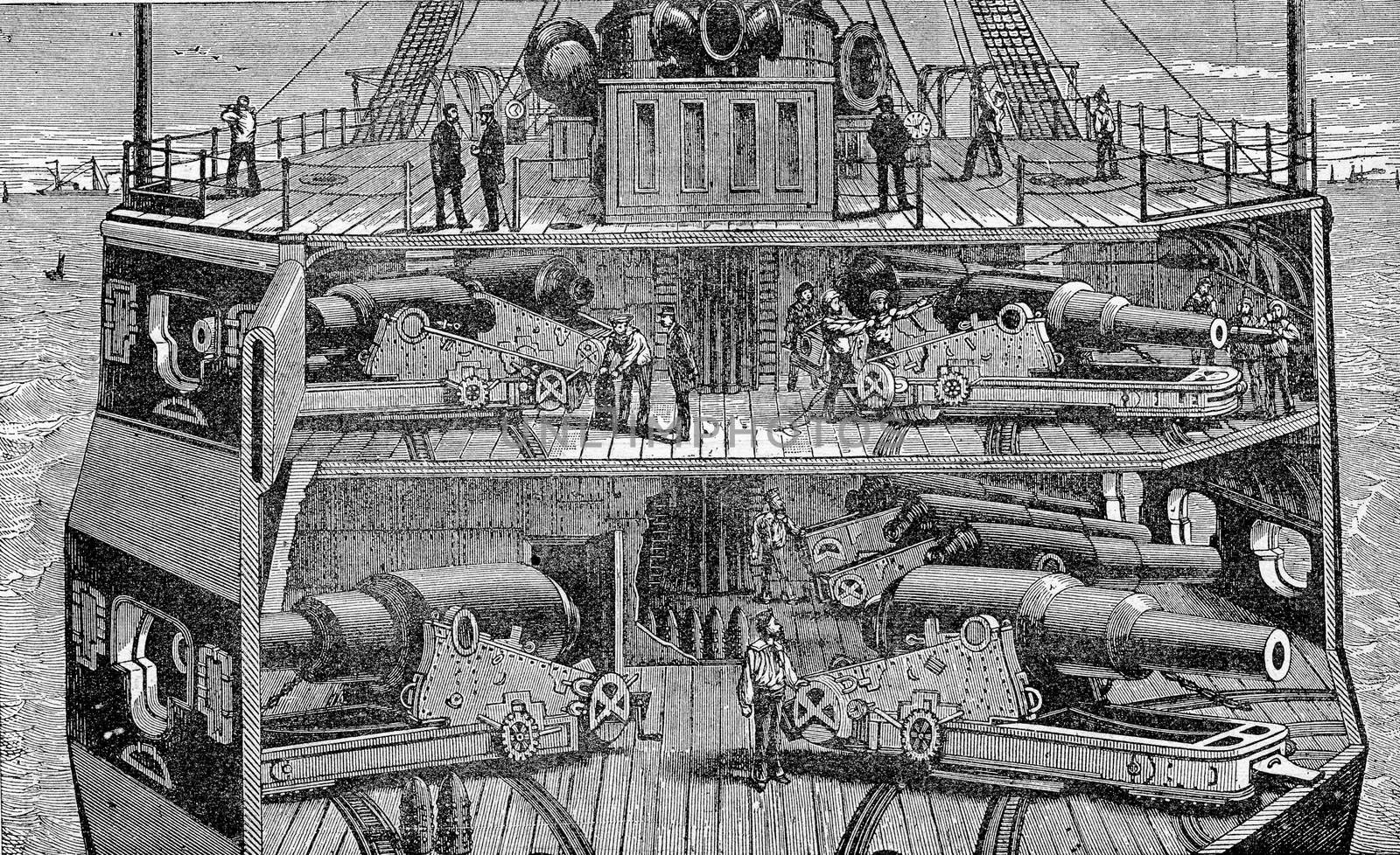 Section of a battleship with two batteries and reduces central, vintage engraved illustration. Industrial encyclopedia E.-O. Lami - 1875.
