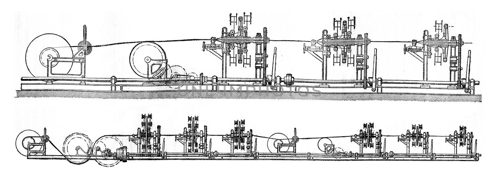 Stranding machine wire 37 and wire 127, vintage engraved illustration. Industrial encyclopedia E.-O. Lami - 1875.
