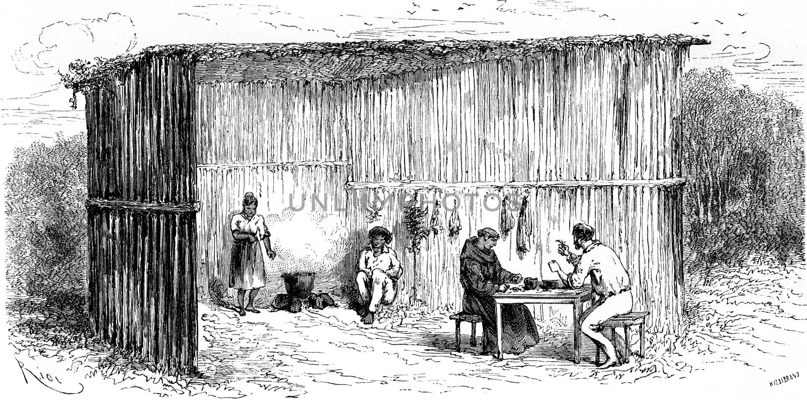Kitchen and dining room of the mission of Tierra Blanca, vintage engraved illustration. Le Tour du Monde, Travel Journal, (1865).