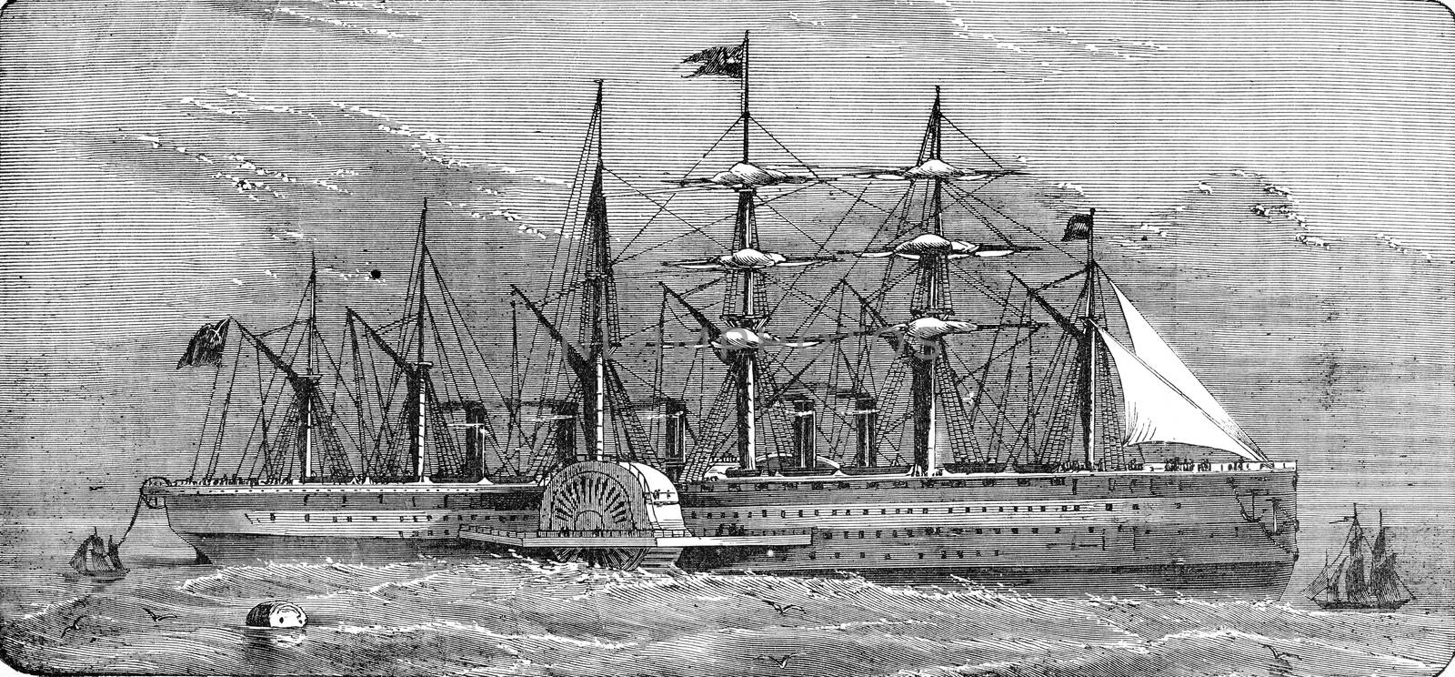 The Great-Eastern reeling off the telegraph cable, vintage engraved illustration. Industrial encyclopedia E.-O. Lami - 1875.
