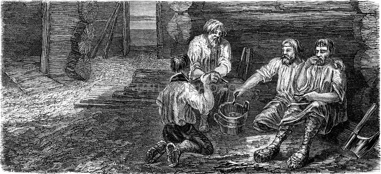 Dining carpenters at Dorpat, vintage engraved illustration. Le Tour du Monde, Travel Journal, (1865).