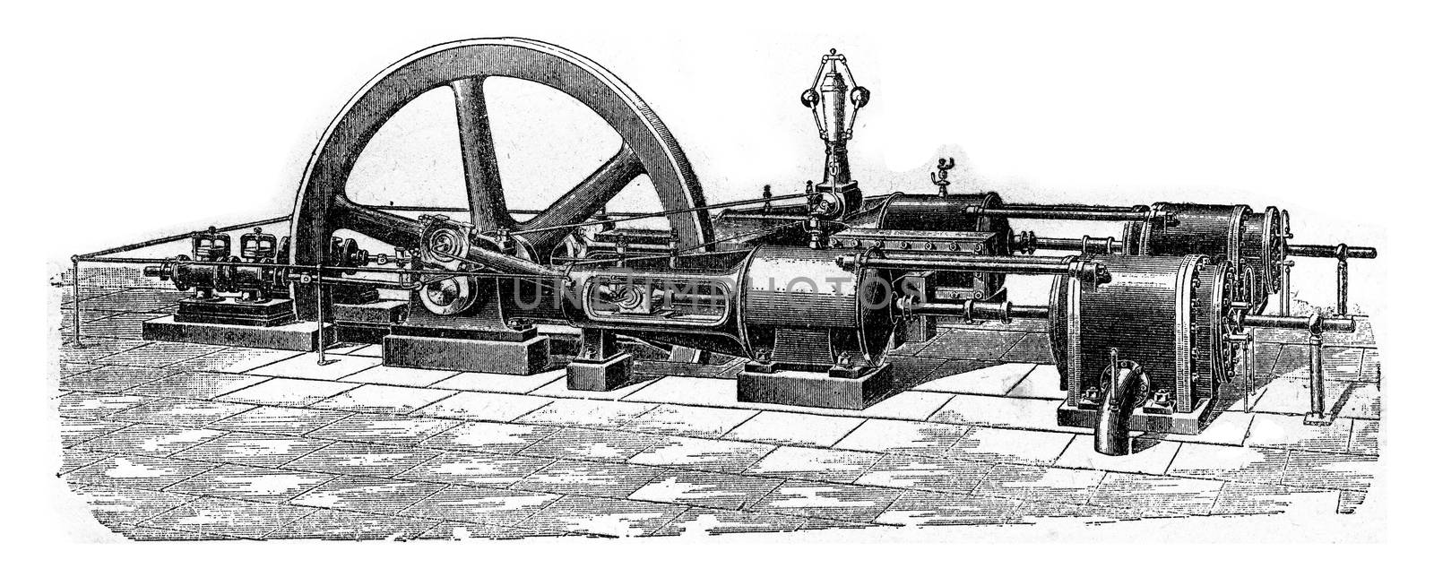 Apparatus of staged air compression and water injection, vintage engraved illustration. Industrial encyclopedia E.-O. Lami - 1875.
