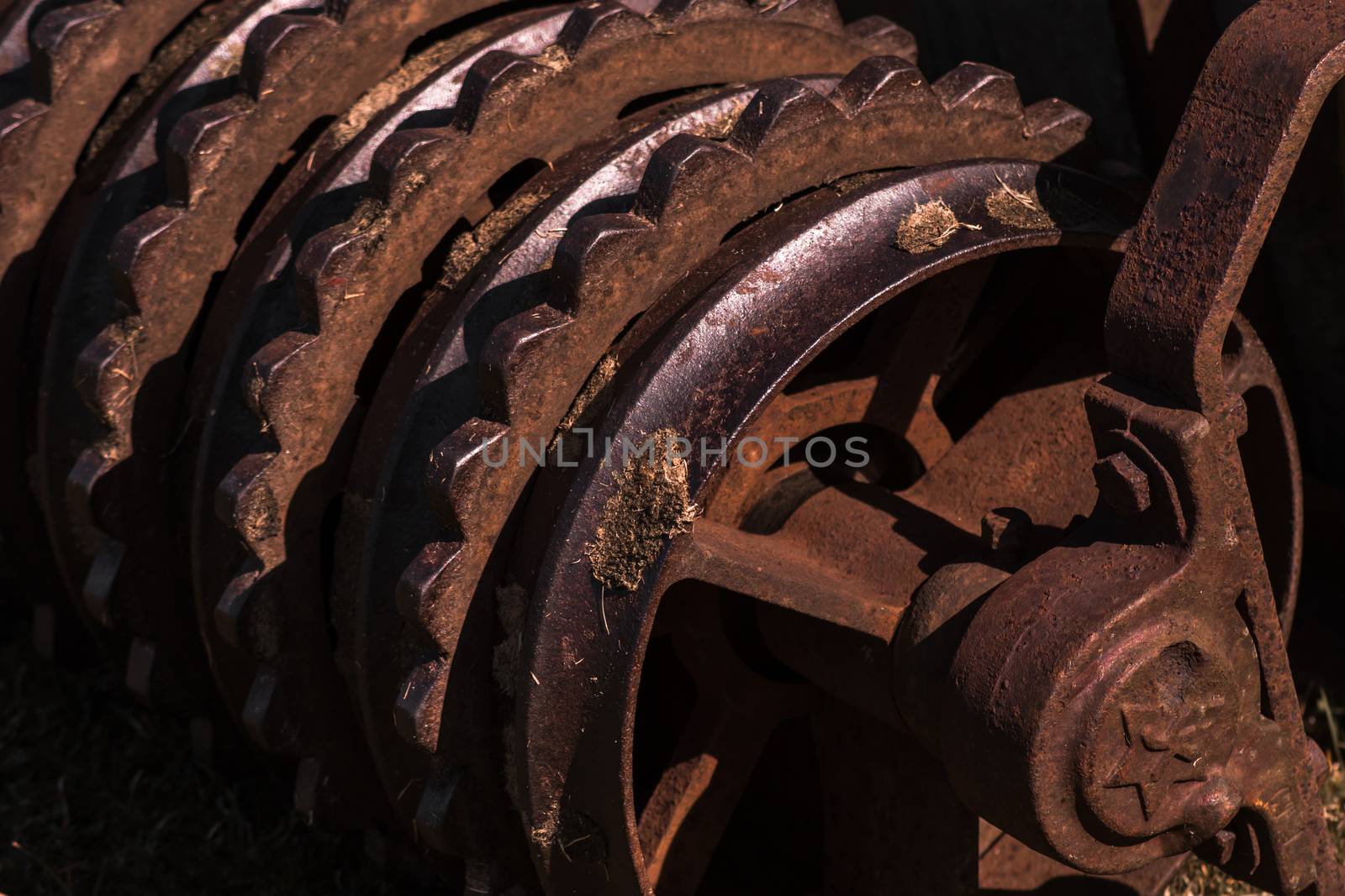 Closeup of a rusty old roller farm equipment