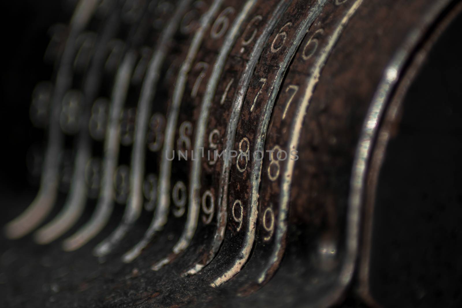 Closeup of an old vintage cash register with lots of numbers