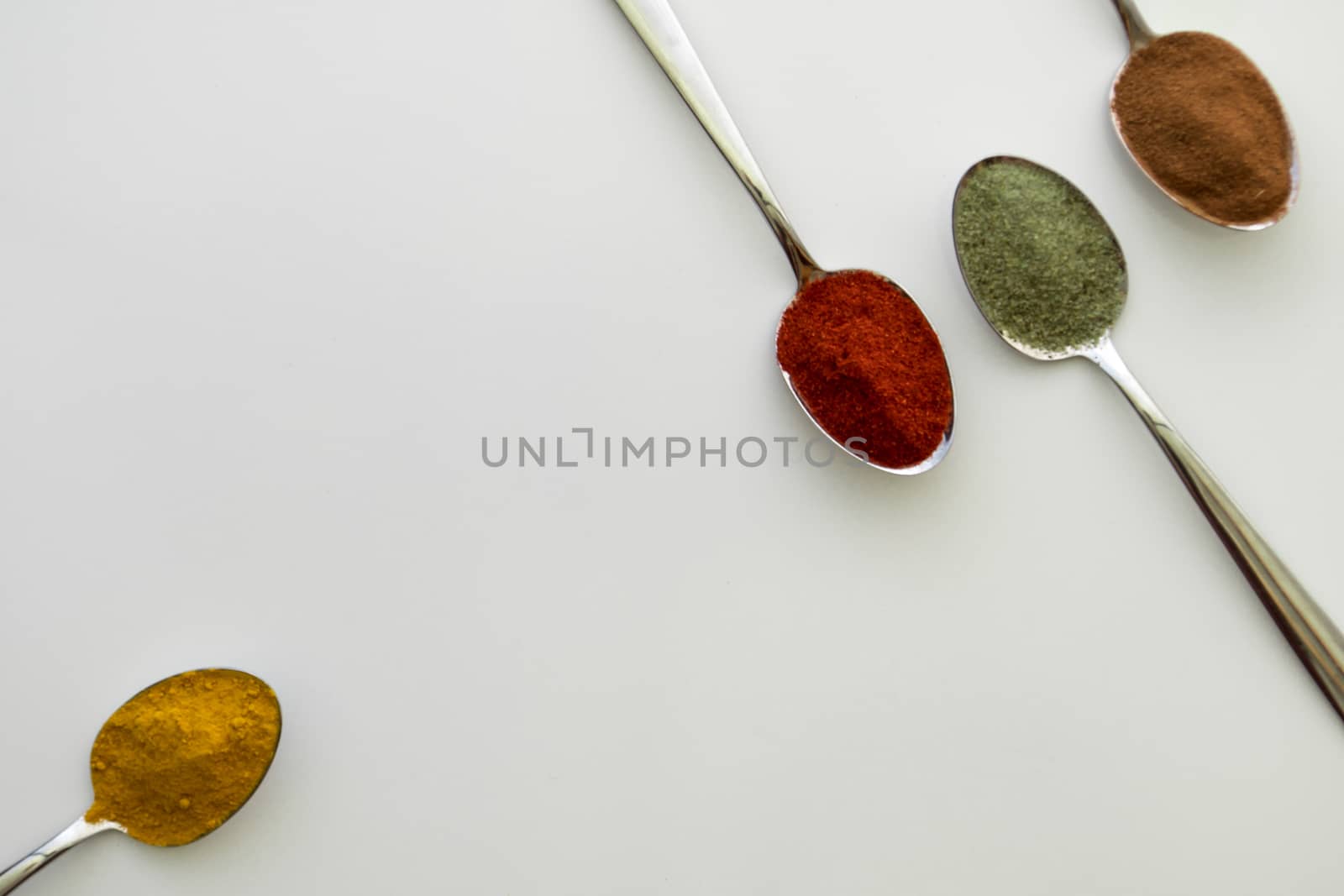 Various colorful spices arranged on spoons  with a white background