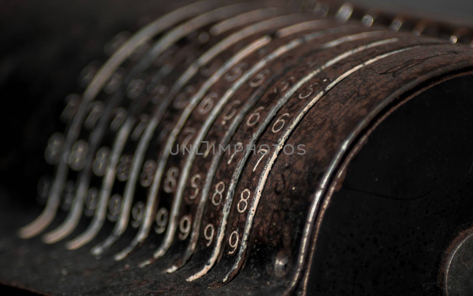 Closeup of an old vintage cash register with lots of numbers