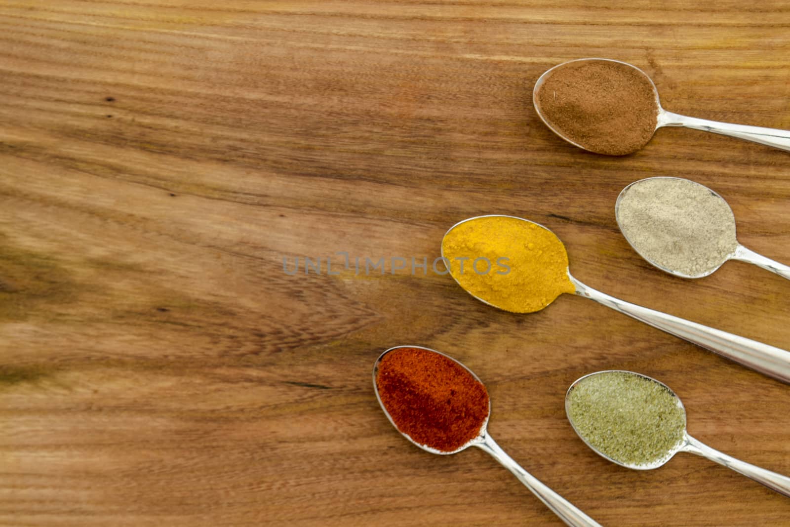 Various colorful spices arranged on spoons  with wooden background