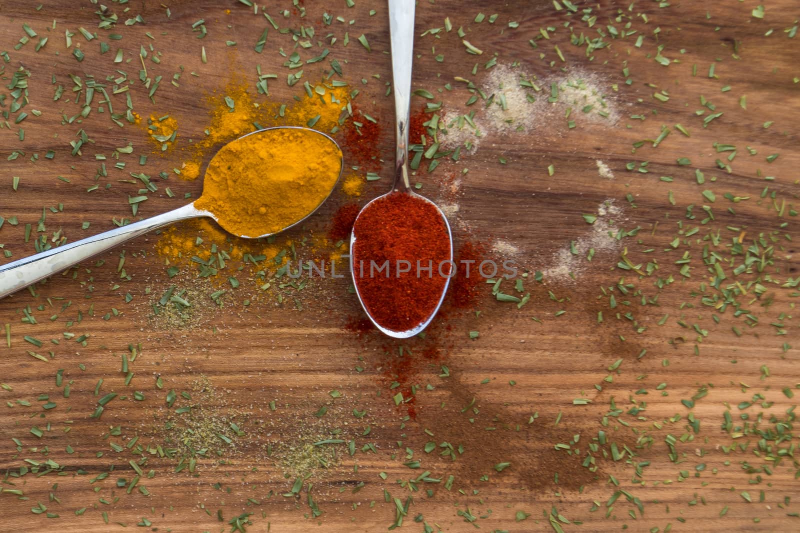 Colorful spices arranged on spoons  with wooden background