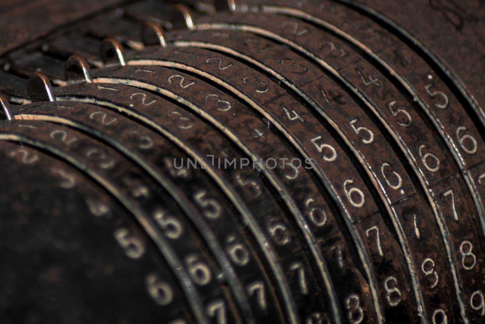 Closeup of an old vintage cash register with lots of numbers