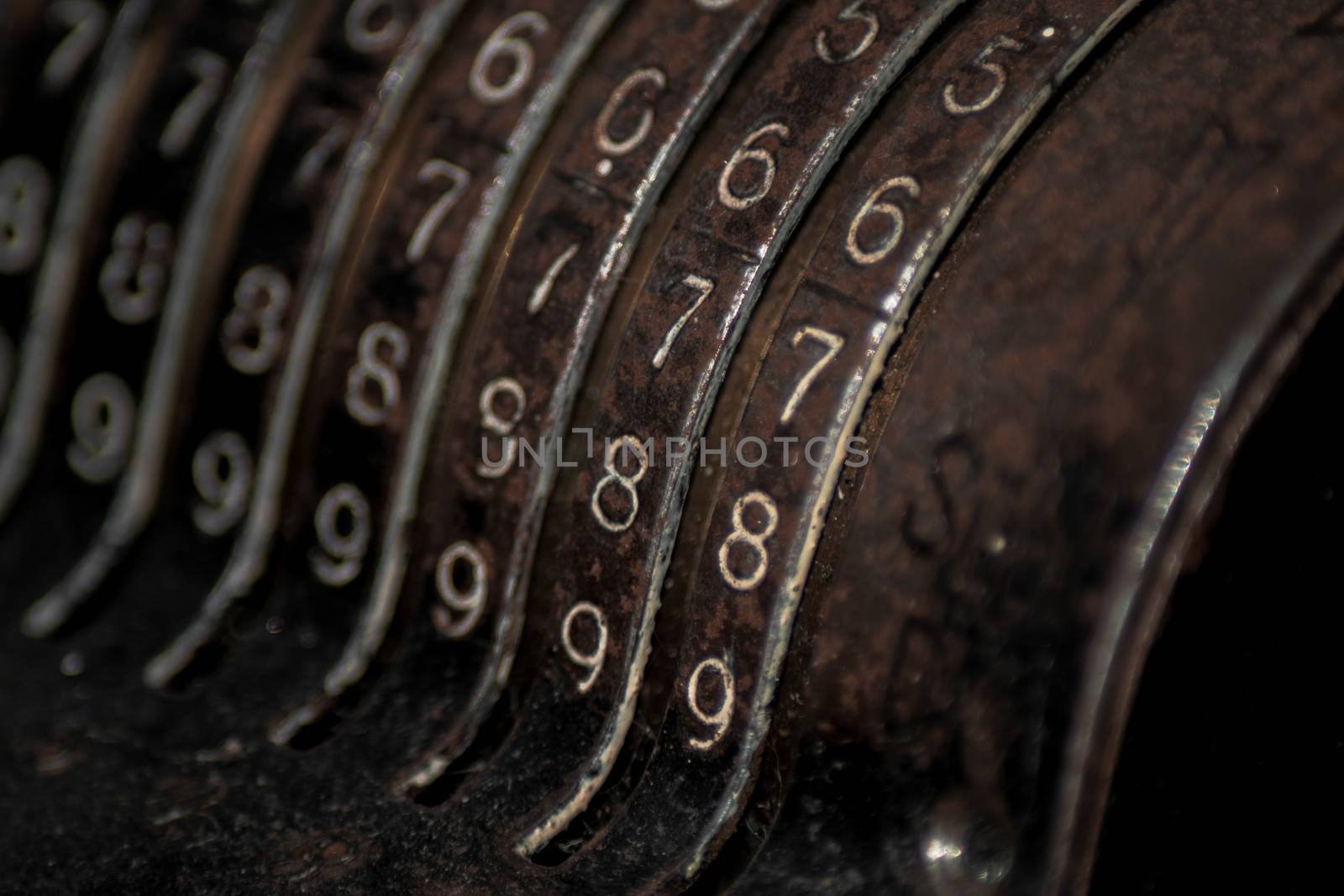 Closeup of an old vintage cash register with lots of numbers