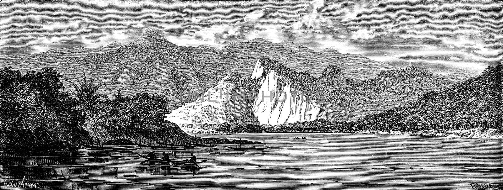 View of the river before reaching the Nam Hou, vintage engraving by Morphart