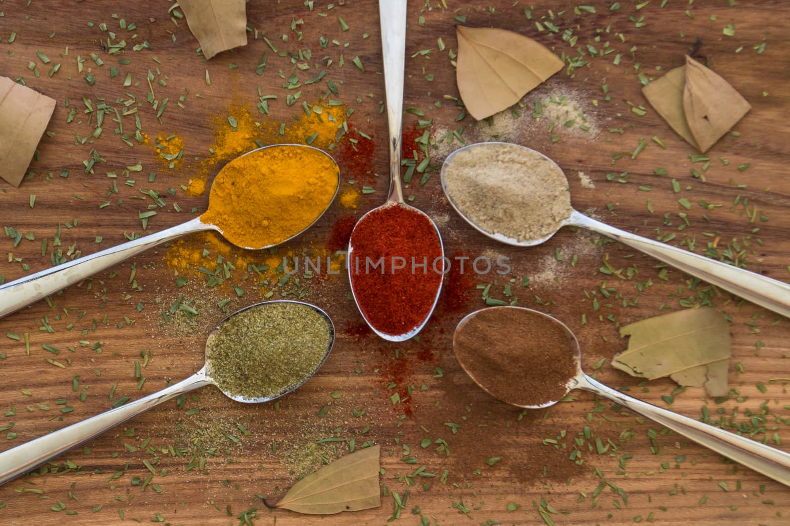 Various colorful spices arranged on spoons  with wooden background