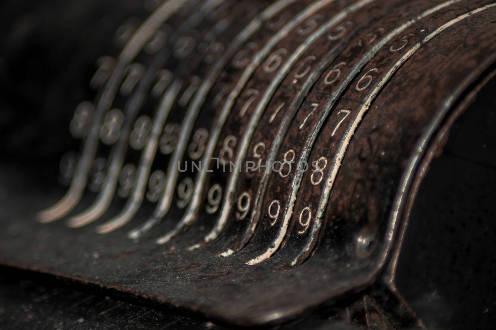 Closeup of an old vintage cash register with lots of numbers