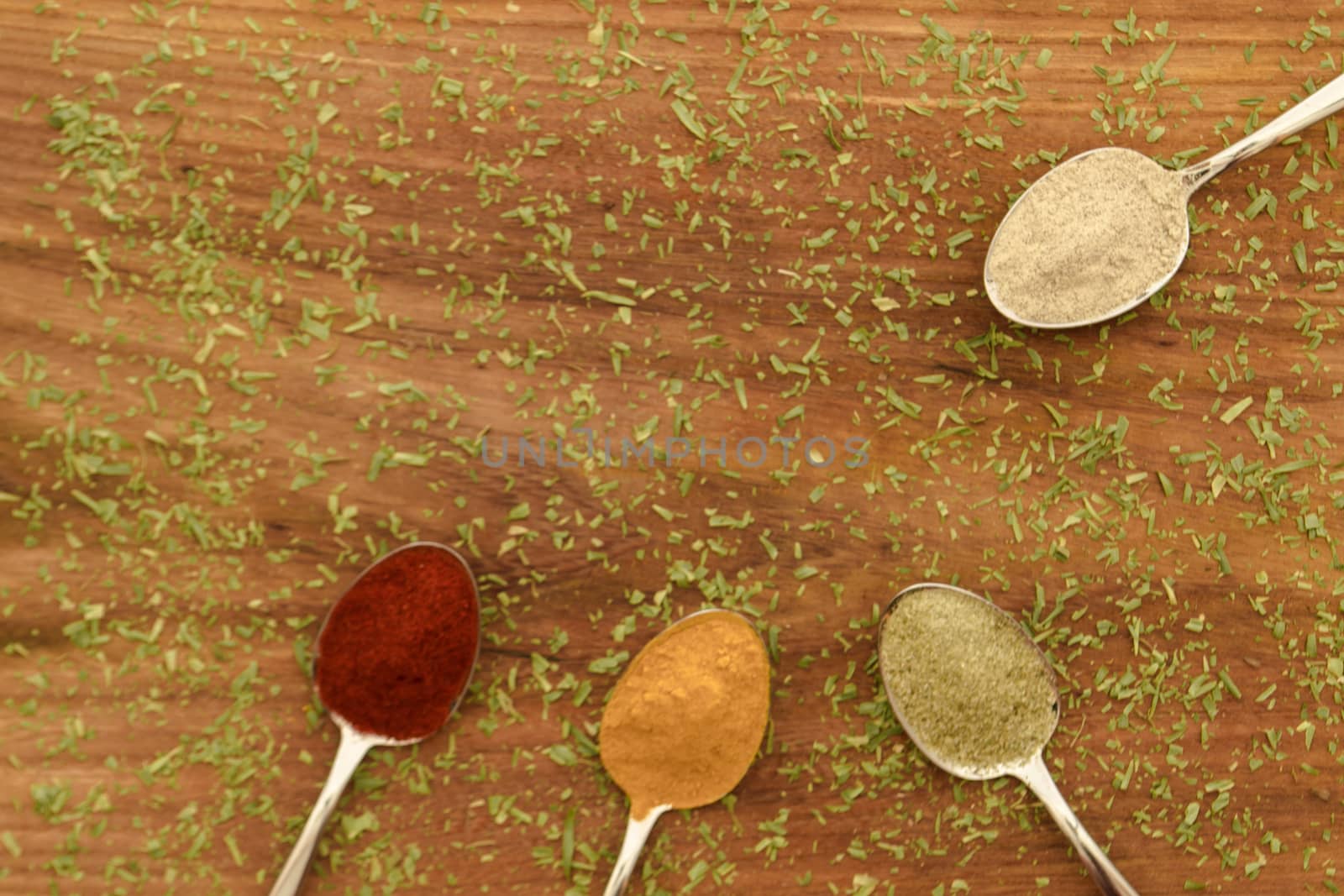 Various colorful spices arranged on spoons  with wooden background