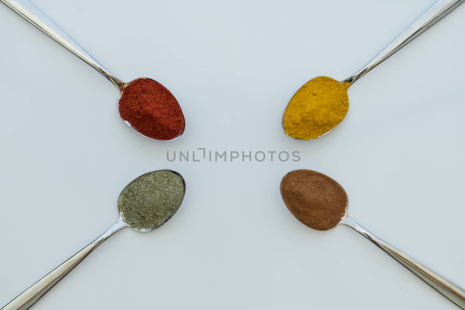 Various colorful spices arranged on spoons  with a white background