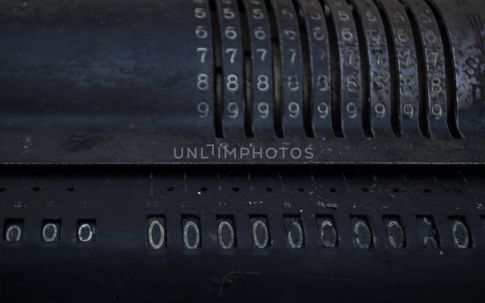 Closeup of an old vintage cash register with lots of numbers