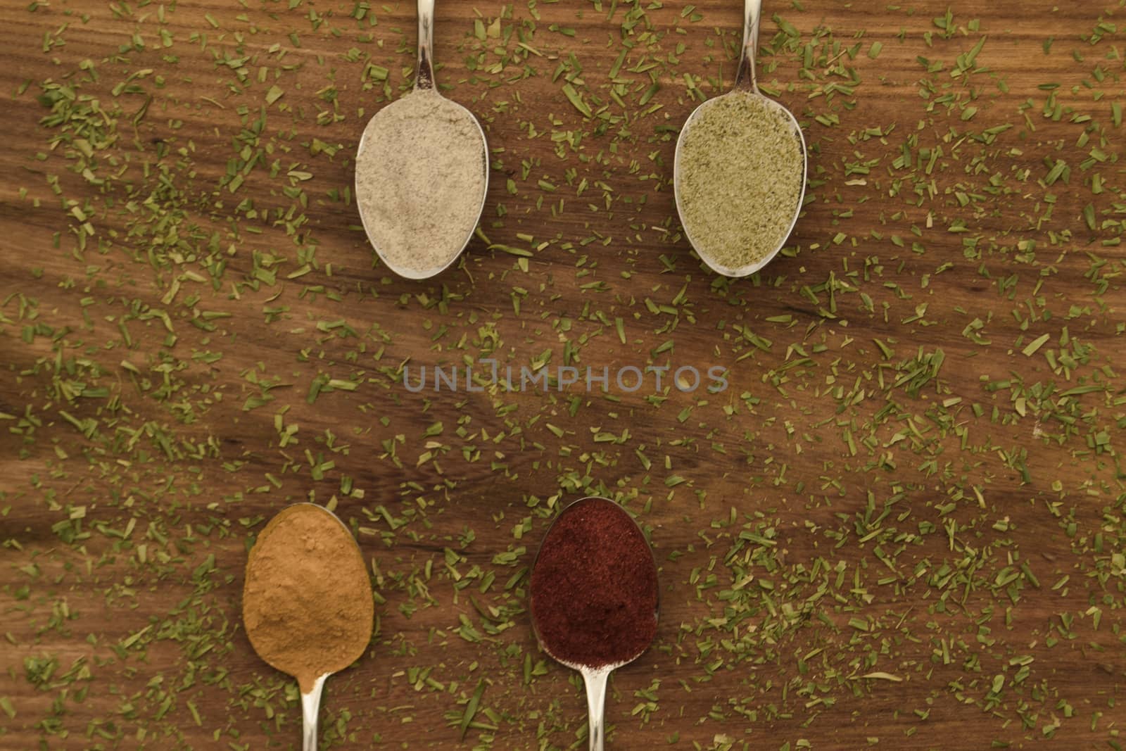 Various colorful spices arranged on spoons  with wooden background