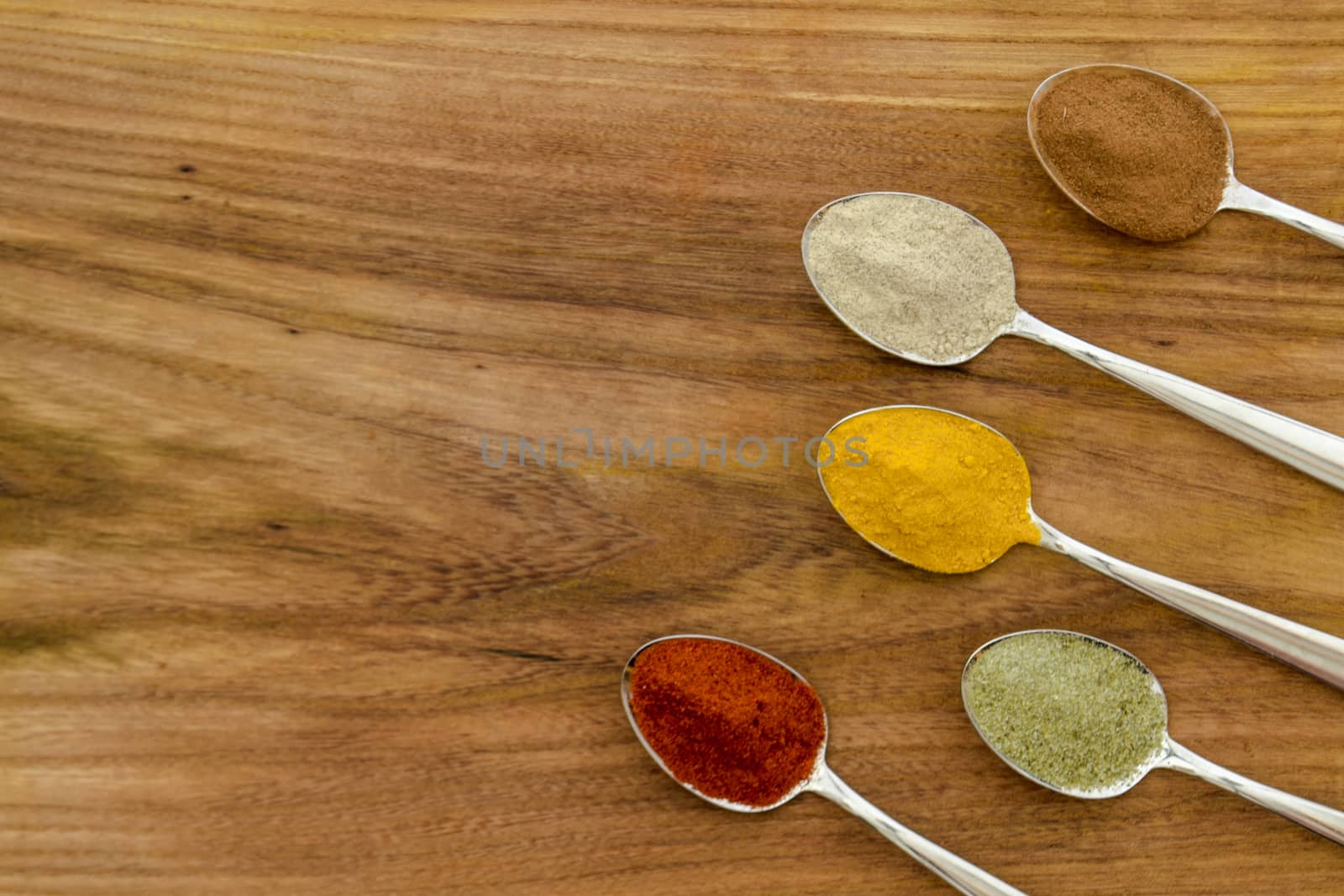 Various colorful spices arranged on spoons  with wooden background